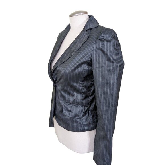 H&M One Button Blazer Womens 6 Gray Shiny Jacket Pinstripe Puff Sleeve Pockets - Picture 4 of 10
